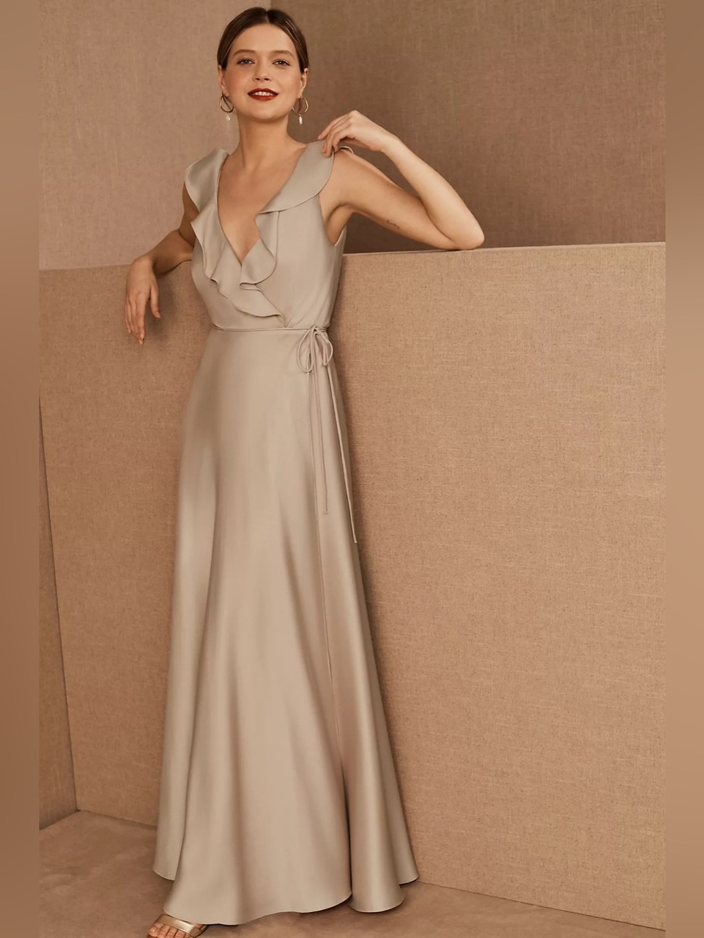 Sachin & Babi Tansey Satin Charmeuse Wrap Maxi Dress Bridesmaid Taupe 10